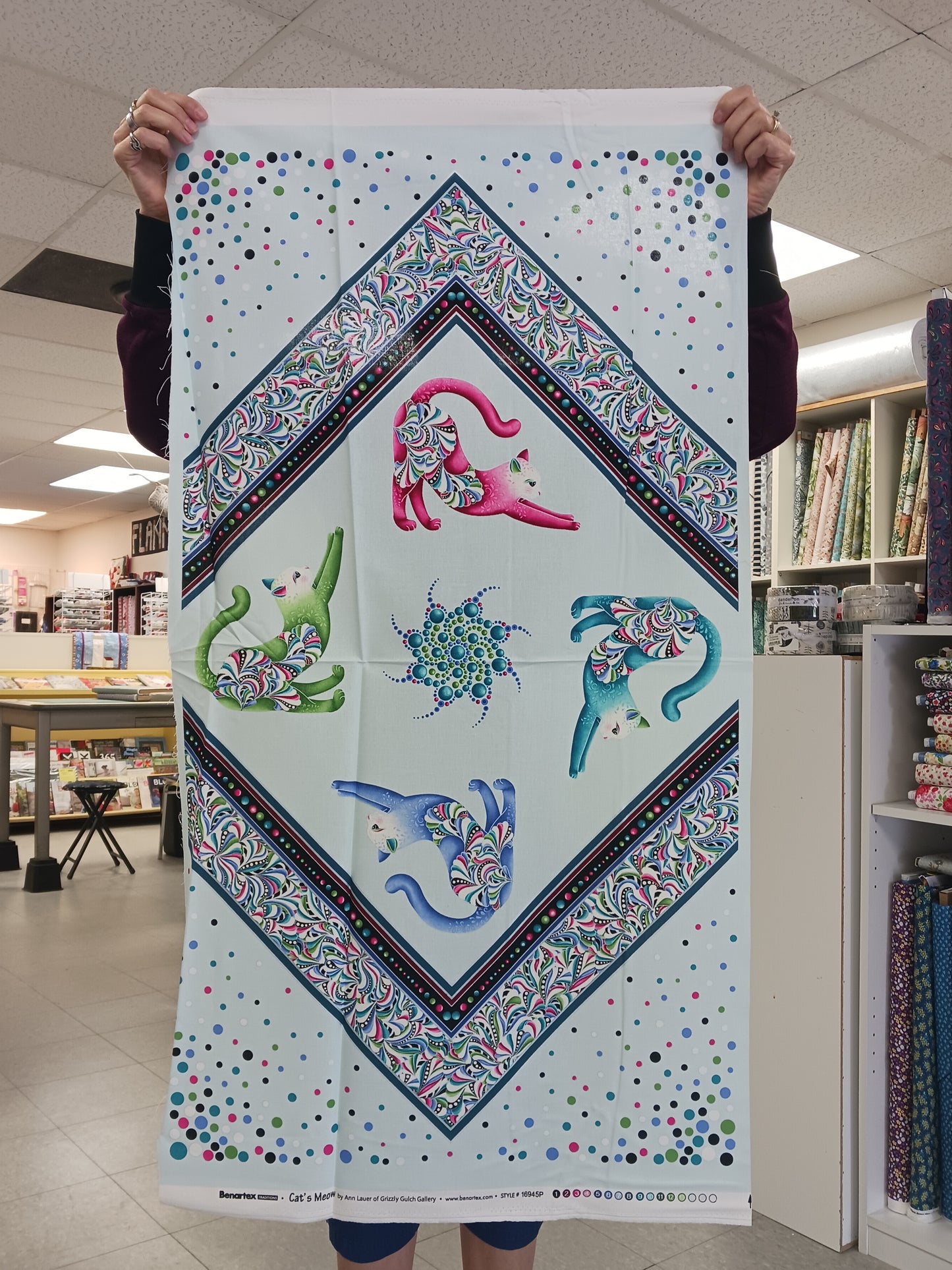 Benartex Cat's Meow Panel Lt. Teal Multi