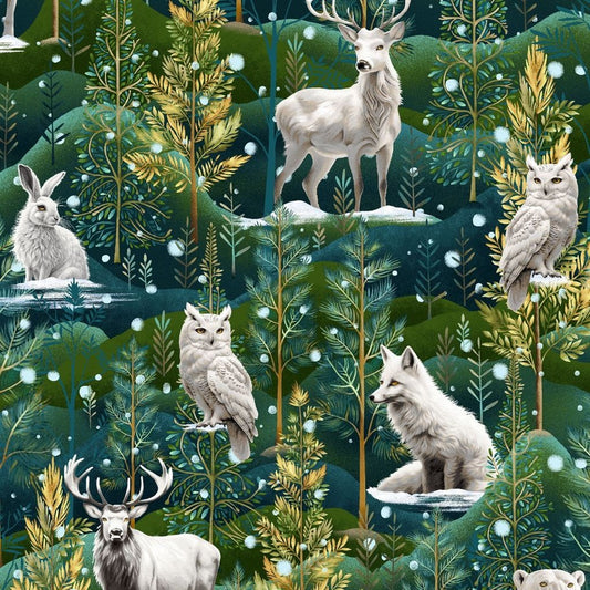 Henry Glass Magical Winter Woodlands Tossed Animals Green