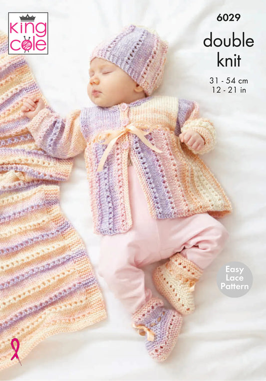 King Cole-Cardigan, Matinee Coat, Hat, Booties and Blanket-Knit Pattern #6029