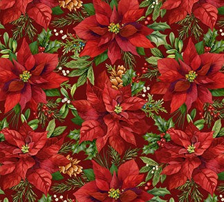 Northcott-Old Time Christmas-Packed Poinsettias-Red Multi