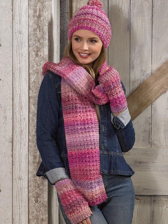 James C Brett-Scarf, Hat & Wrist Warmers-Knit Pattern #JB586