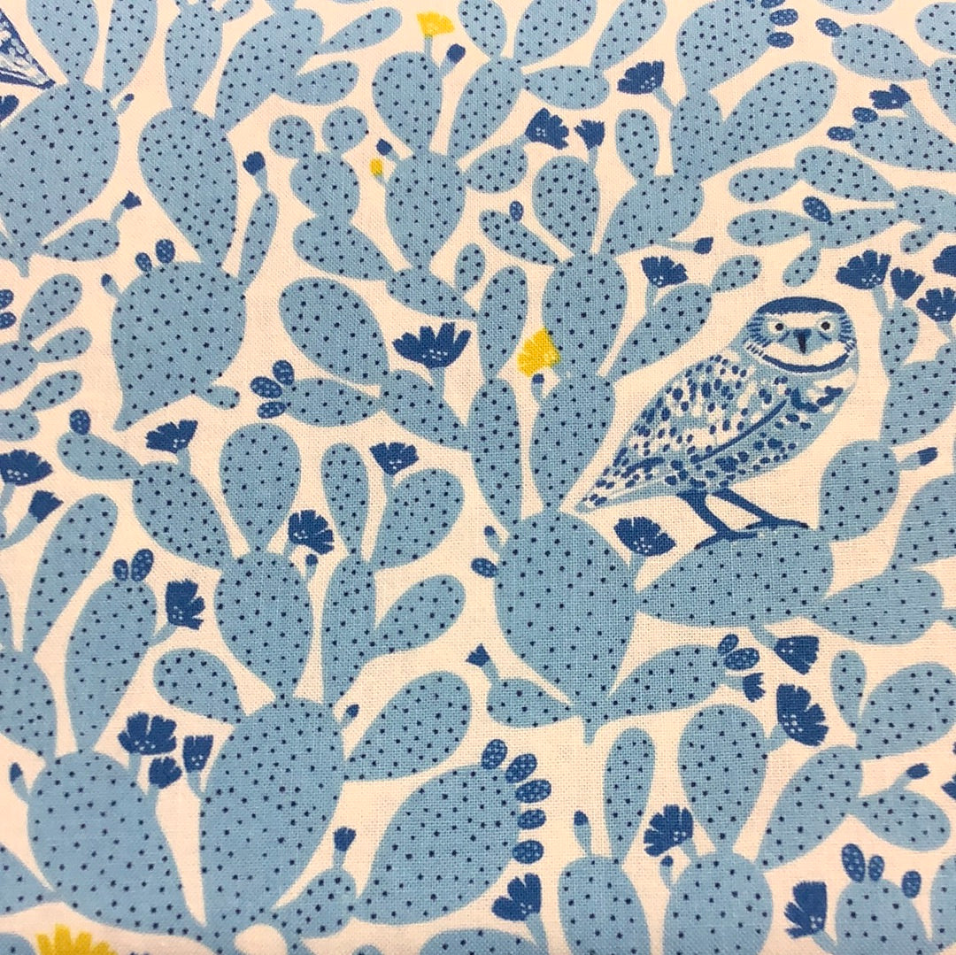 Figo Fabrics-Prickly Pear-Blue-Cacti Owls #90276-40