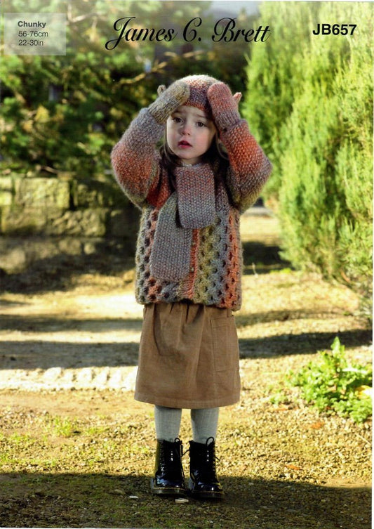 James C Brett-Jacket, Scarf, Hat and Mittens-Knit Pattern